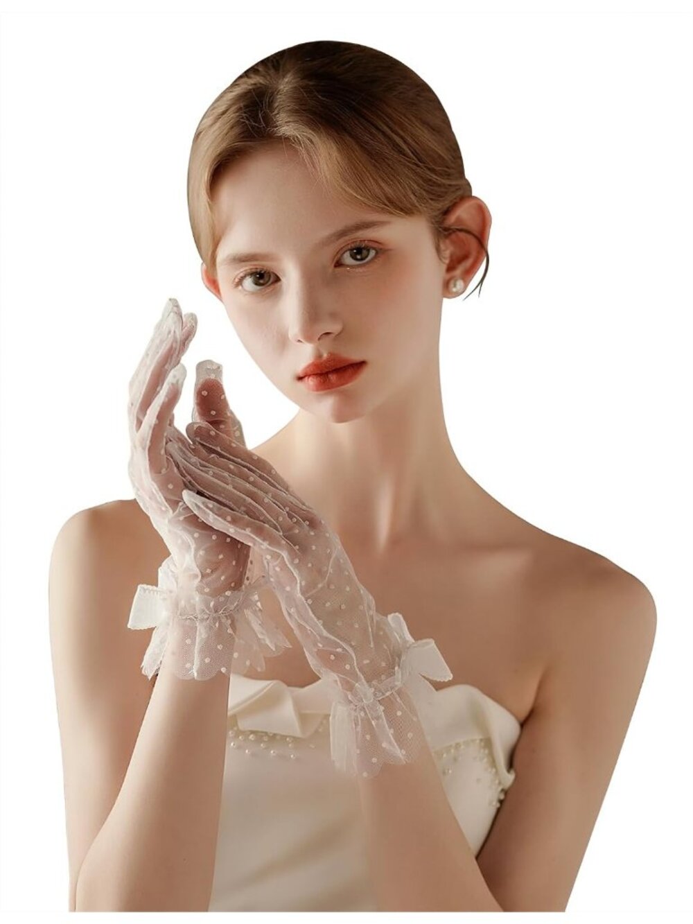 Women's White 1920s Cocktail Opera Wrist Length Tulle Short Sheer Mesh Gloves